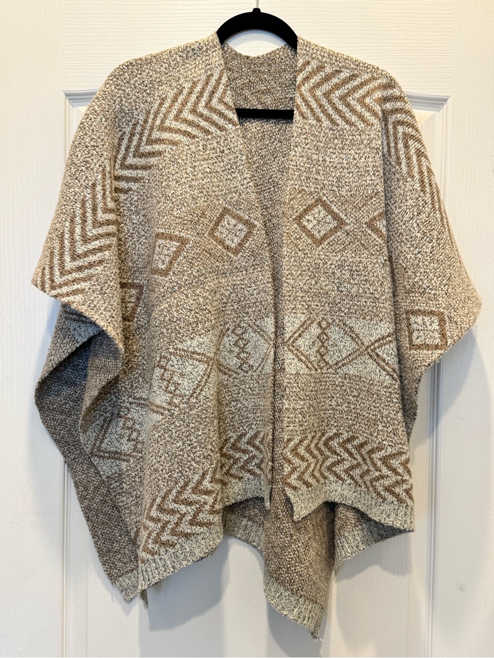 Beige Patterned Open-Front Women's Poncho Sweater
